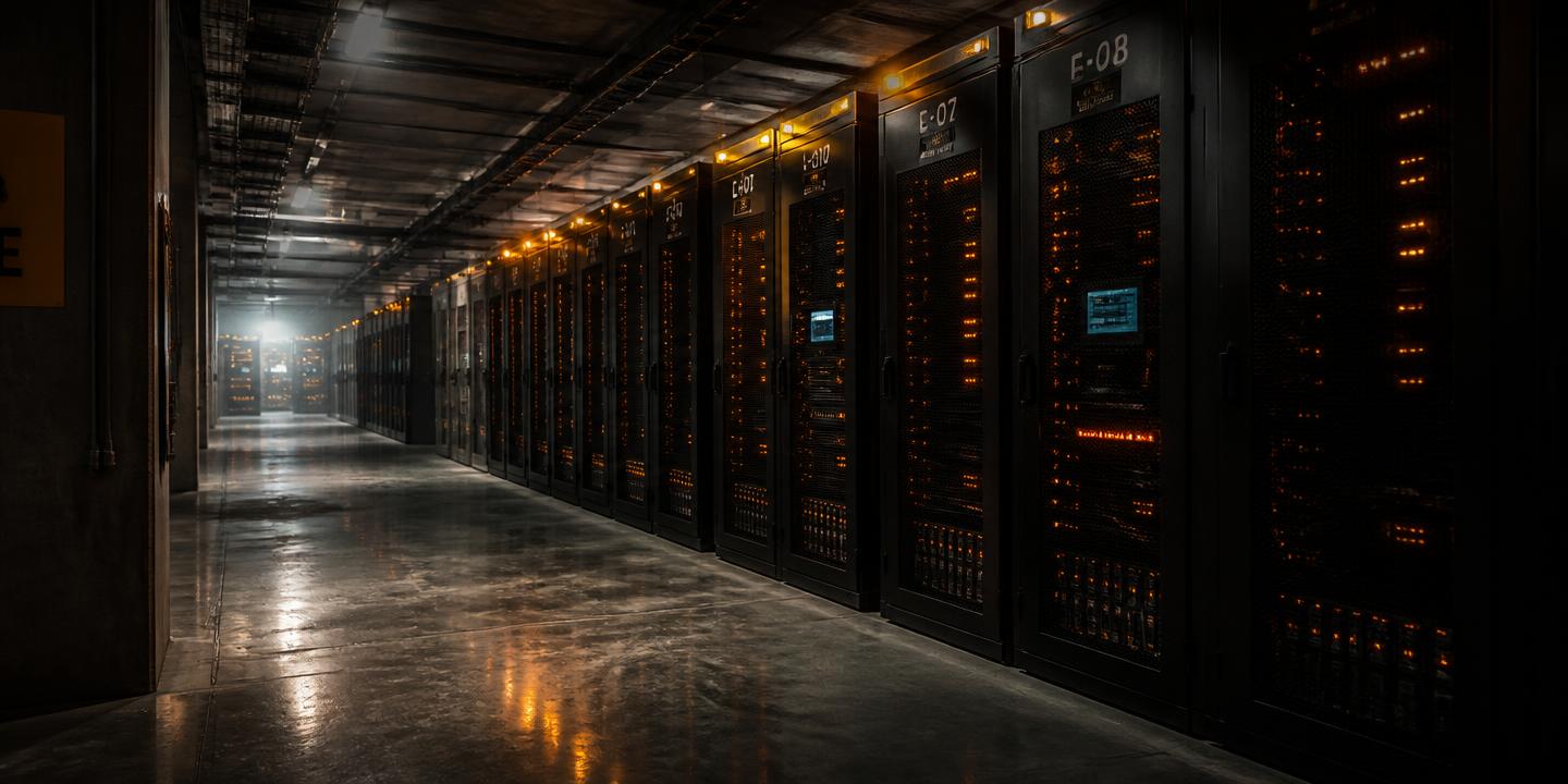 A dimly lit data hall lined with server cabinets glowing with amber status lights